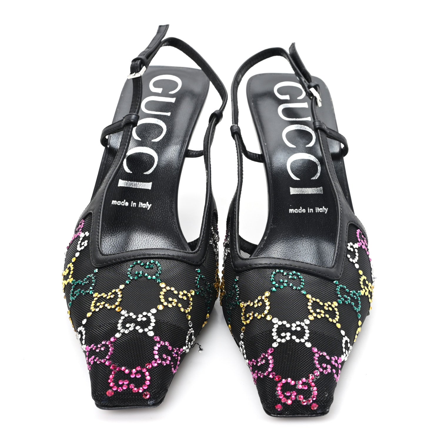 Gucci Tela Retino Nappa Charlotte Crystal GG Monogram Square G 75mm Slingback Pumps 39.5 Black 3 of 9