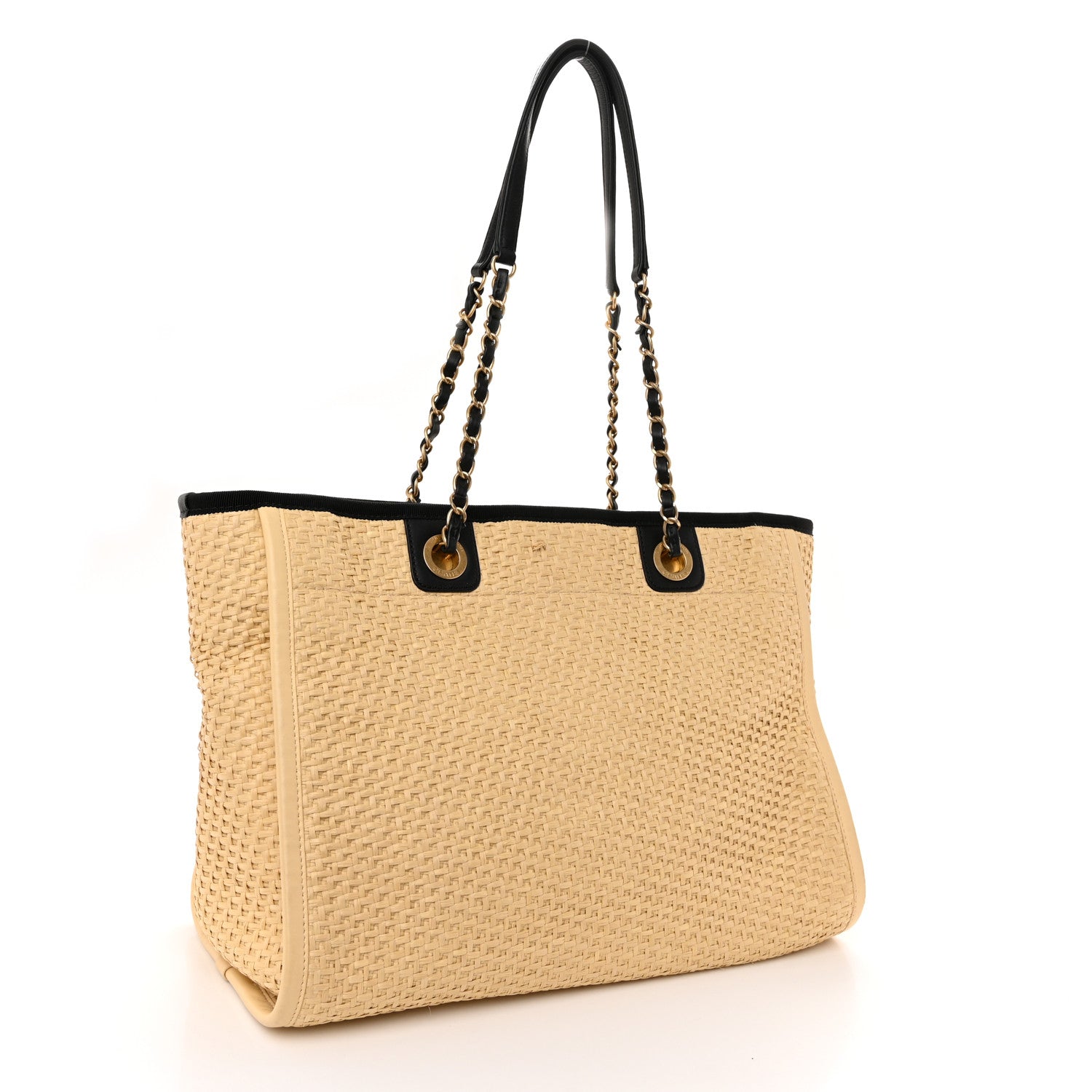 Chanel Straw Raffia Calfskin Chain Small Deauville Tote Beige Black 3 of 13