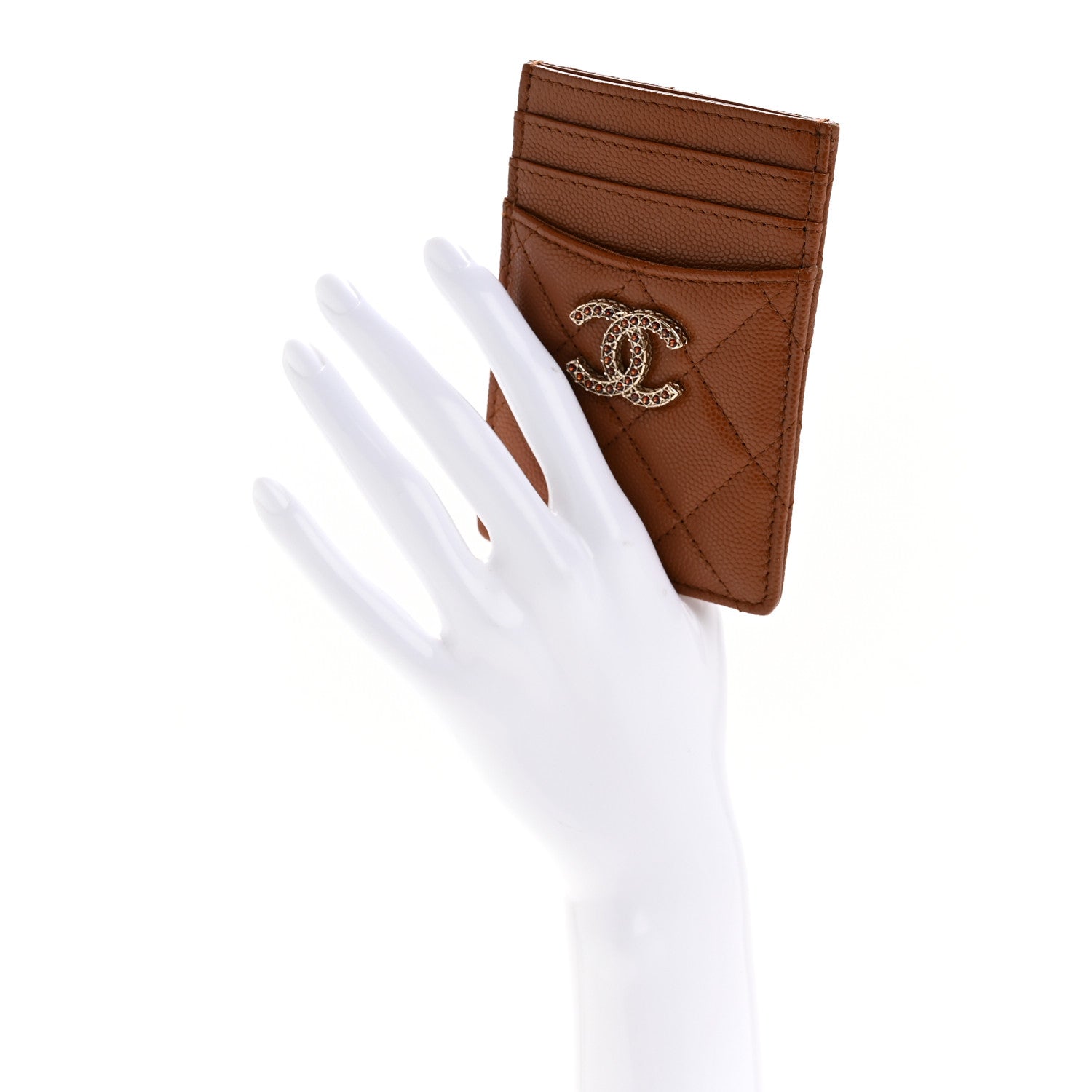 Chanel Caviar Quilted Crystal Vertical Card Holder Brown 2 of 8