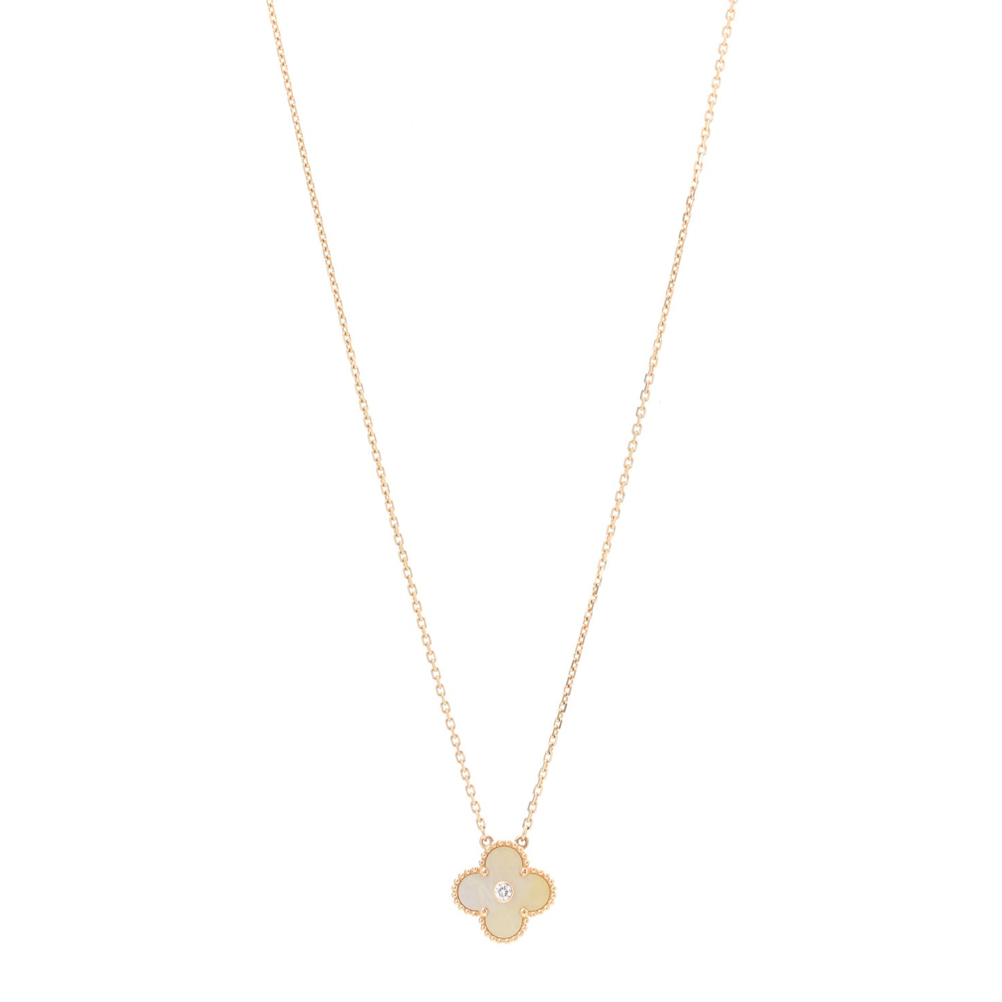 18K Yellow Gold Diamond Yellow Mother of Pearl Vintage Alhambra Pendant Necklace