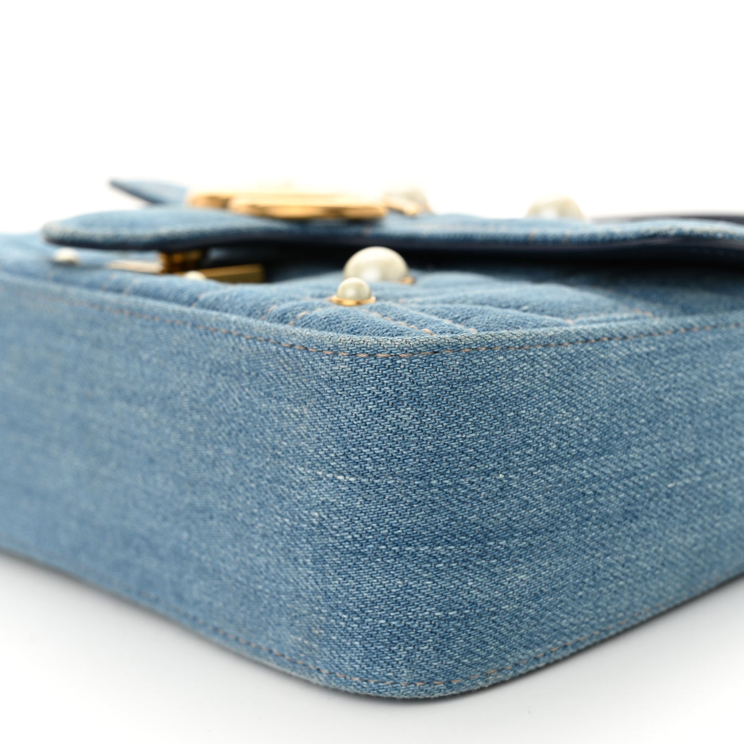 Denim Matelasse Pearl Studded Mini GG Marmont Shoulder Bag Blue