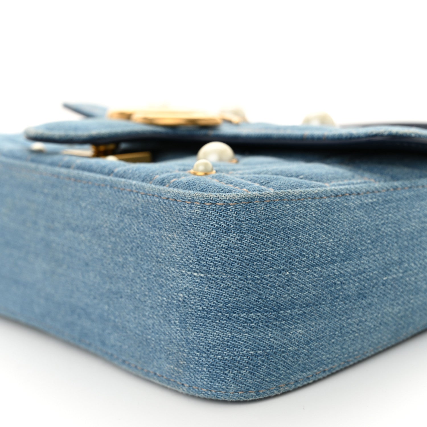 Gucci Denim Matelasse Pearl Studded Mini GG Marmont Shoulder Bag Blue 11 of 11