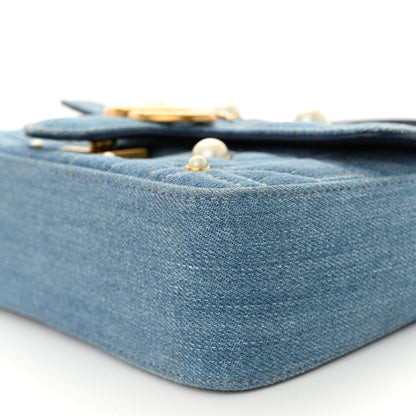 Gucci Denim Matelasse Pearl Studded Mini GG Marmont Shoulder Bag Blue 11 of 11
