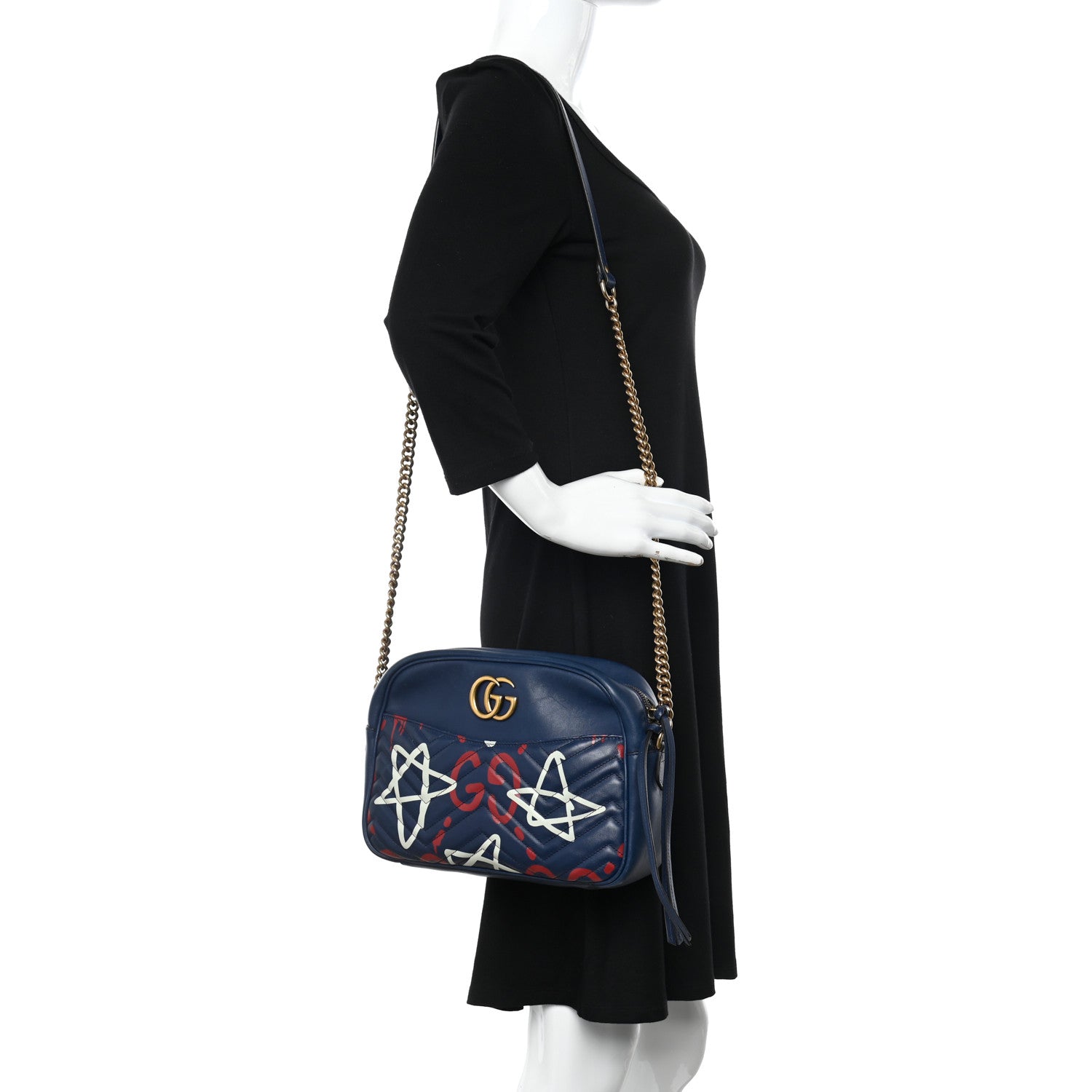 Gucci Calfskin Matelasse GucciGhost Medium GG Marmont Chain Shoulder Bag Blue Agata Hibiscus Red 2 of 13