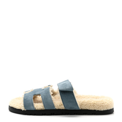 Hermes Suede Goatskin Woolskin Womens Chypre Sandals 36 Bleu Pinede Ecru 1 of 8