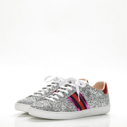 Gucci Glitter Web Ace Sneakers 38.5 Silver 3 of 8
