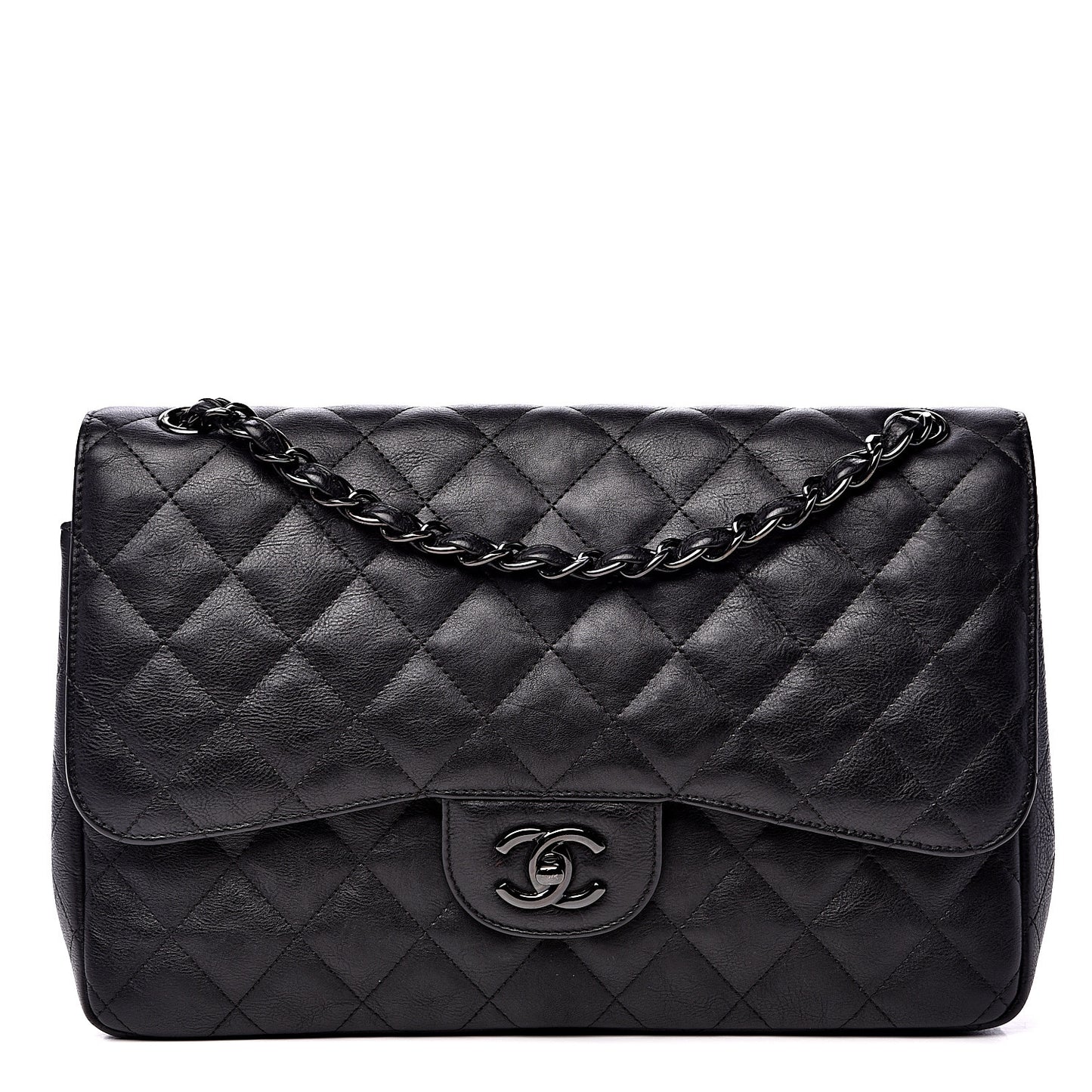 Crumpled Calfskin Quilted Jumbo Double Flap So Black