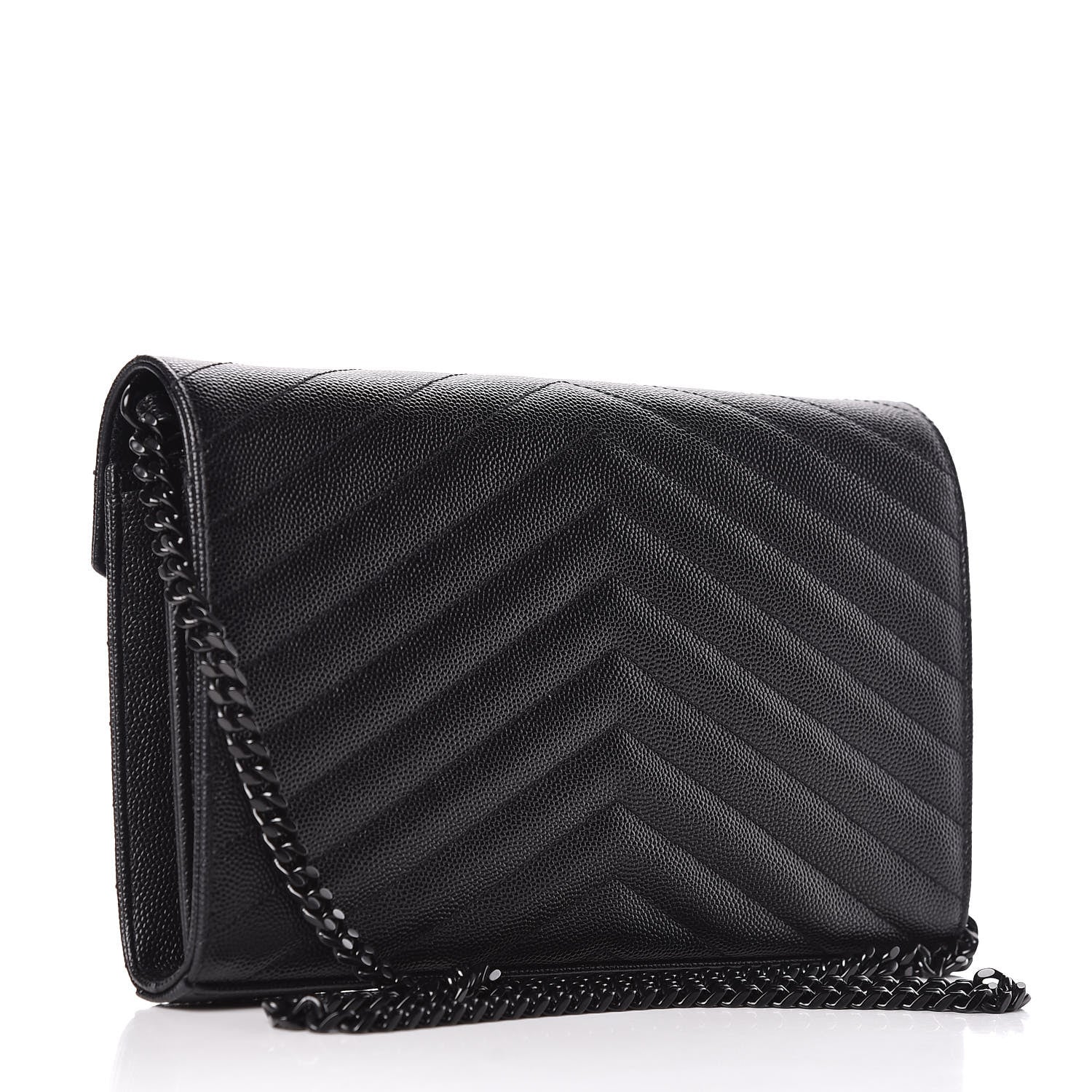 Saint Laurent Grain De Poudre Matelasse Chevron Monogram Chain Wallet Black 3 of 13