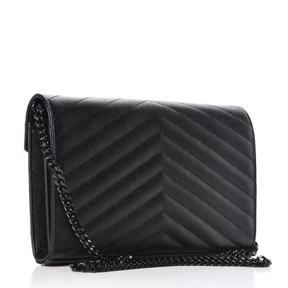 Saint Laurent Grain De Poudre Matelasse Chevron Monogram Chain Wallet Black 3 of 13