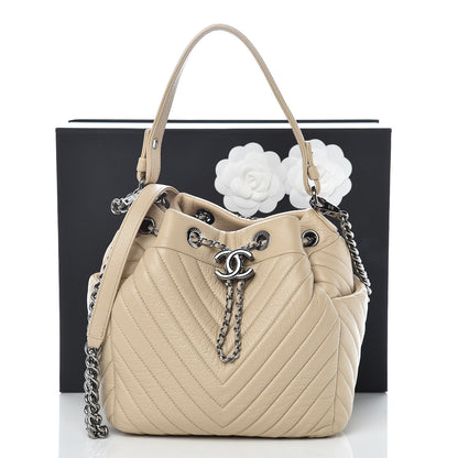 Chanel Deerskin Chevron Small CC Chain Bucket Bag Beige 14 of 14