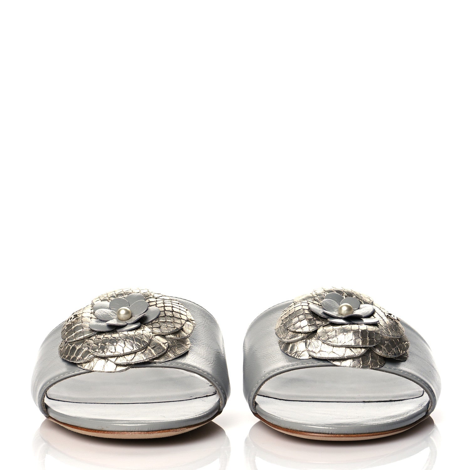 Chanel Metallic Lambskin Camellia Pearl Slides 37 Grey Silver 3 of 10