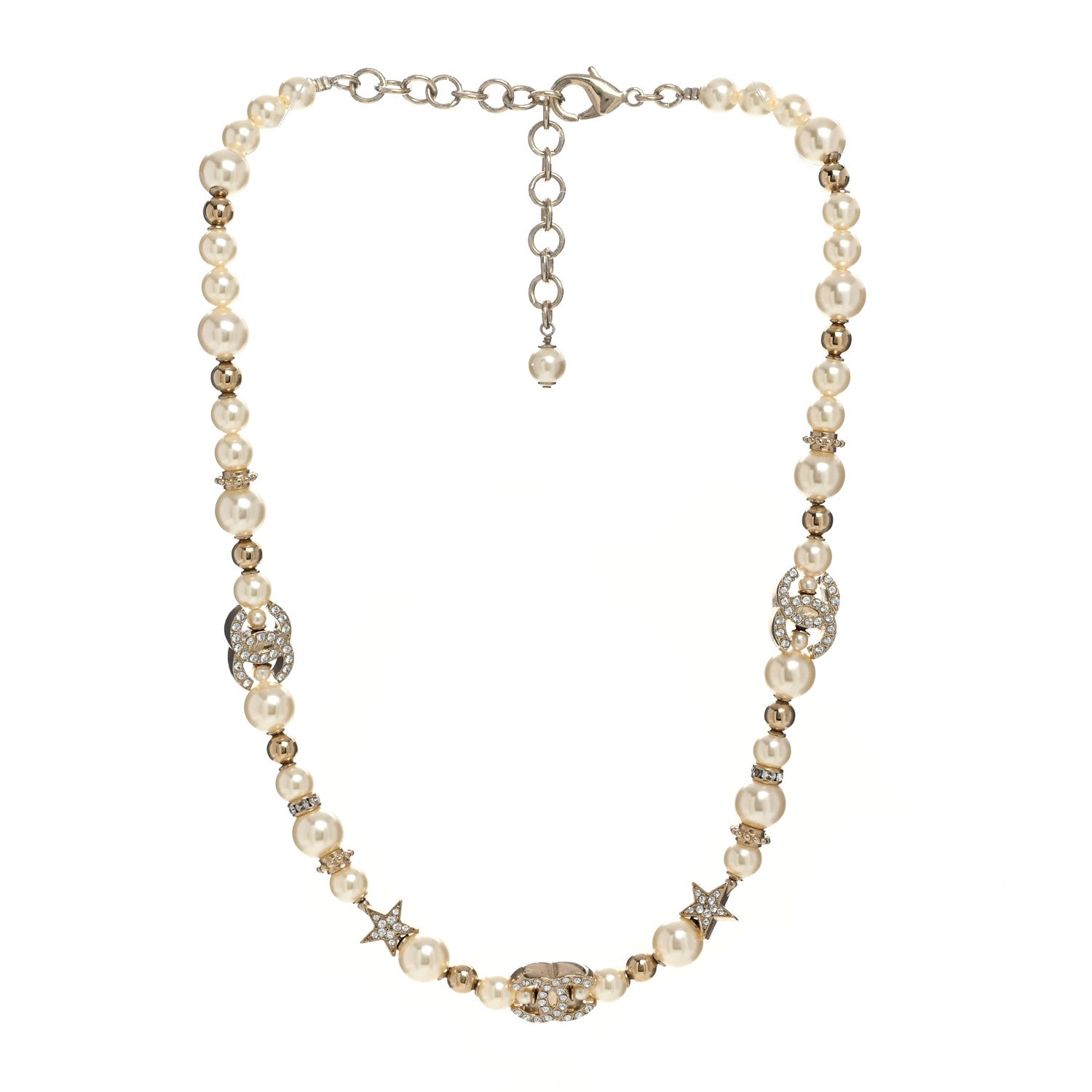 Chanel Metal Crystal Pearl CC Star Short Pendant Necklace Gold 3 of 5