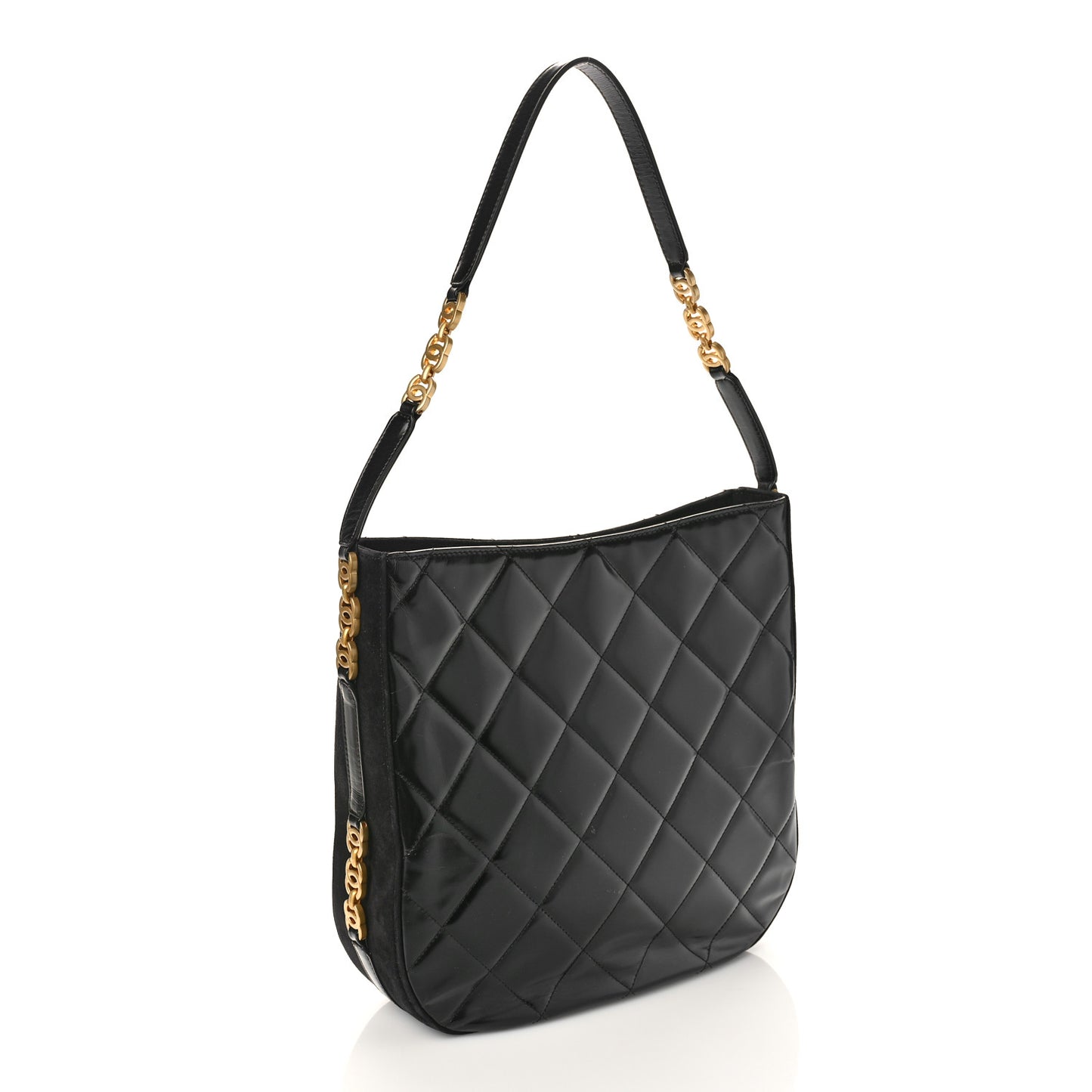 Shiny Calfskin Suede Goatskin Quilted Hobo Black