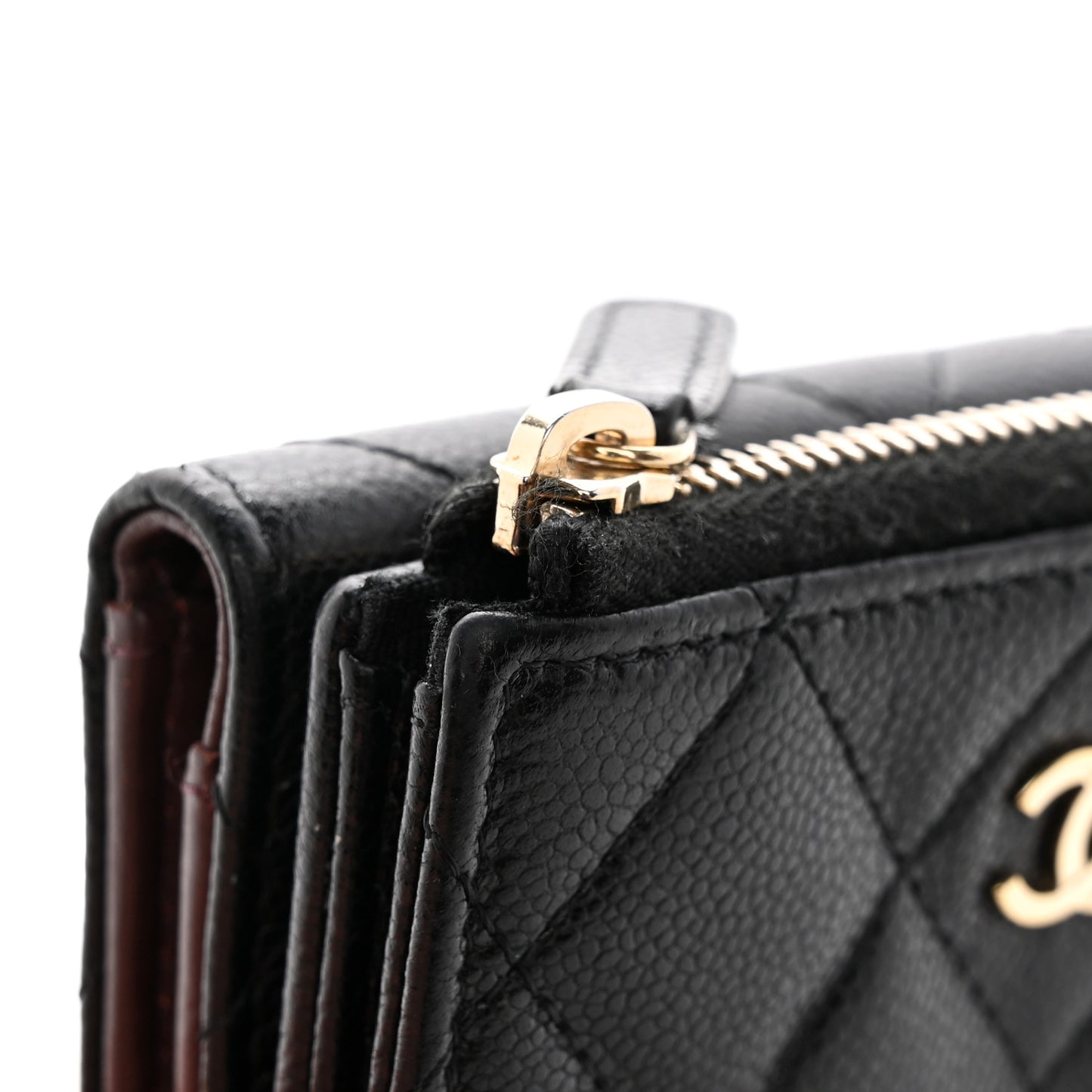 Caviar Quilted CC Zip Compact Trifold Wallet Black