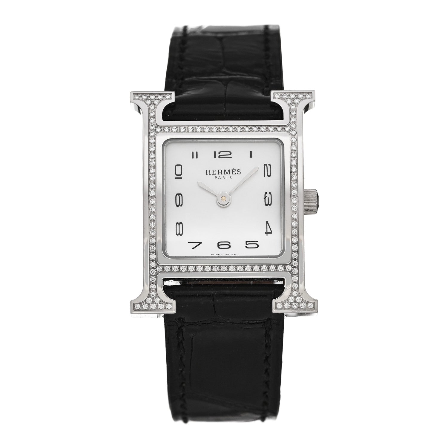 Hermes Stainless Steel Alligator Diamond Bezel Mother of Pearl 21mm Heure H Hour Quartz Watch Noir 1 of 5