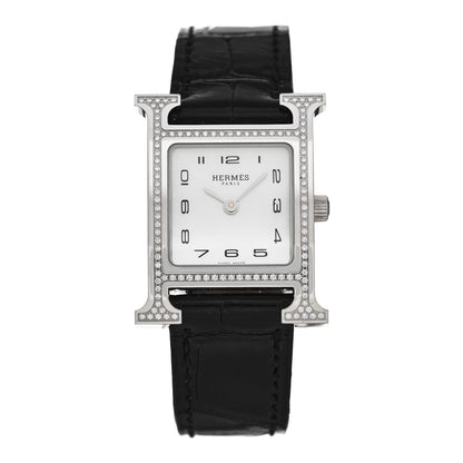 Hermes Stainless Steel Alligator Diamond Bezel Mother of Pearl 21mm Heure H Hour Quartz Watch Noir 1 of 5