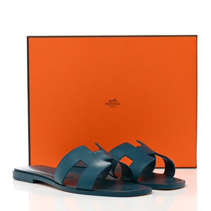 Hermes Calfskin Oran Sandals 39.5 Bleu Emeraude 9 of 9