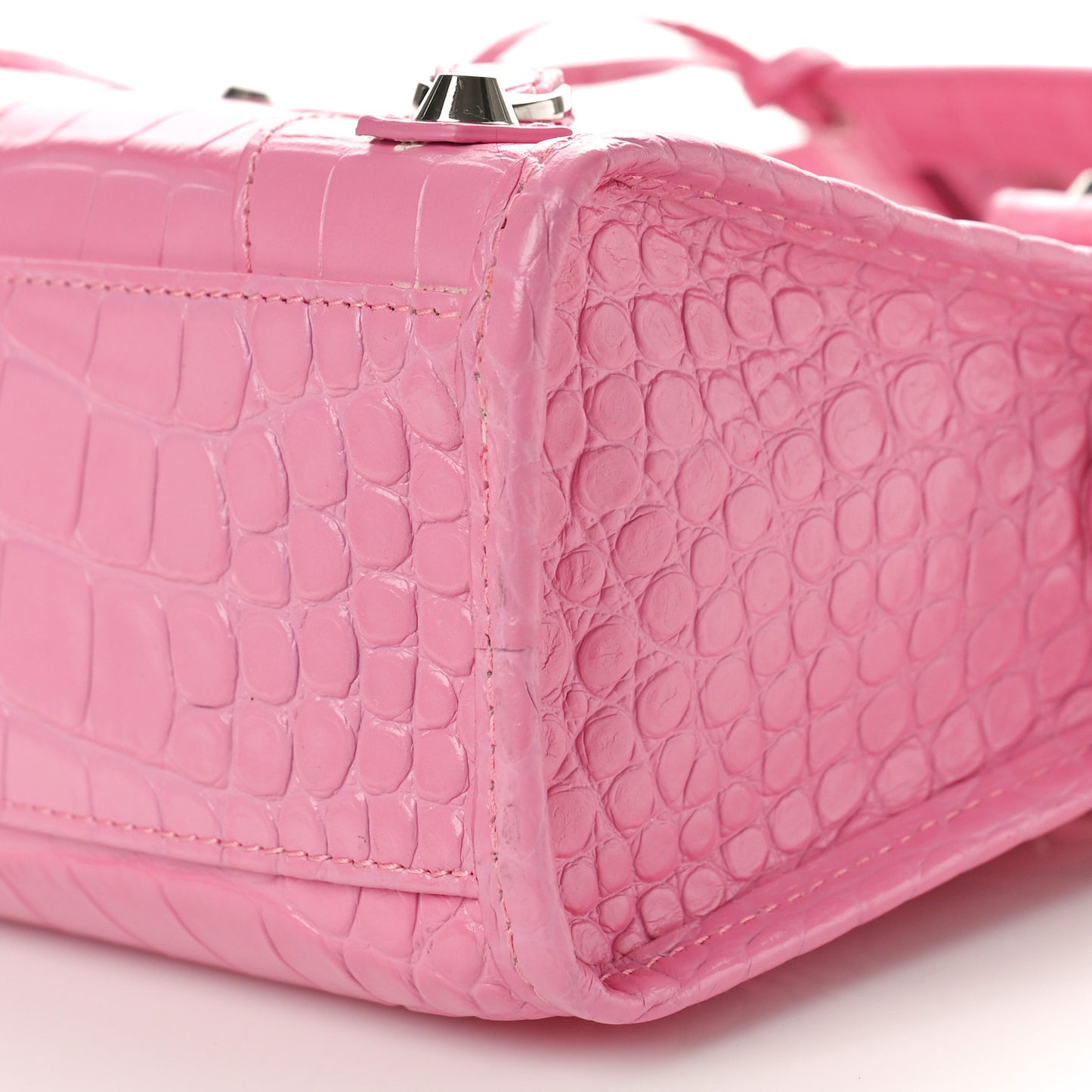 Shiny Supple Calfskin Crocodile Embossed Classic Silver Hardware Mini City Baby Pink
