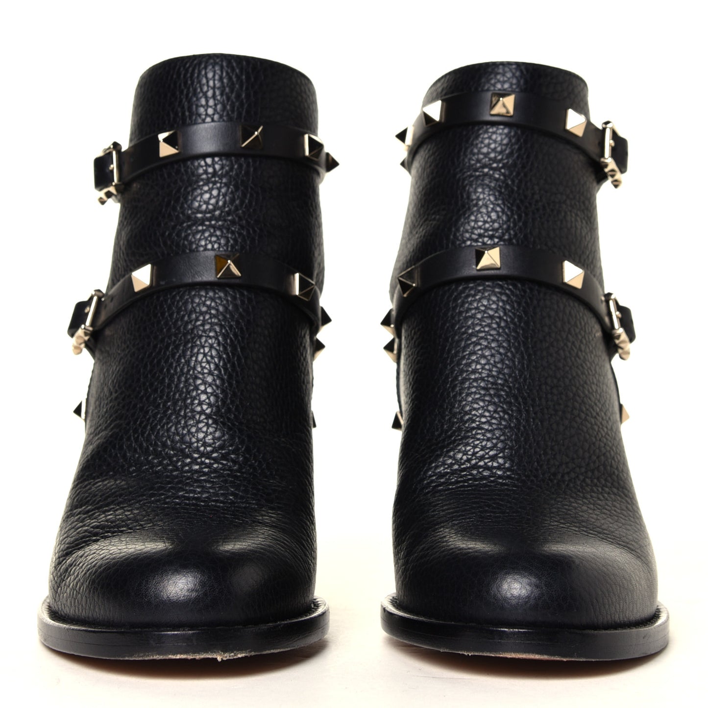 Pebbled Calfskin Rockstud Double Buckle 70mm Block Heel Ankle Boots 36 Black