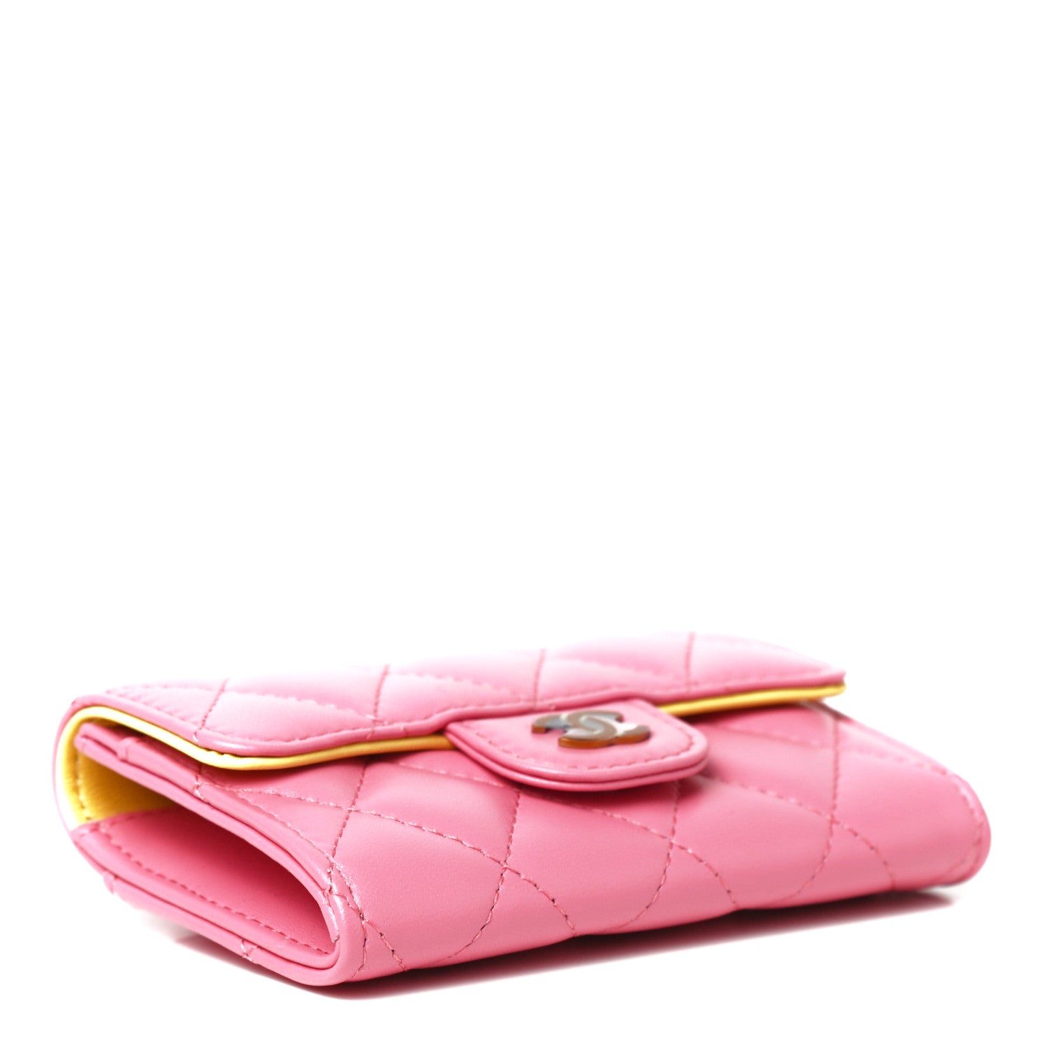 Chanel Lambskin Quilted Flap Card Holder Wallet Pink Yellow 4 of 10