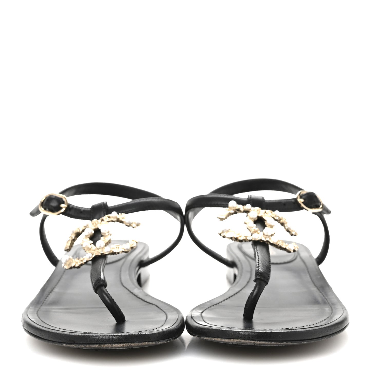 Calfskin Pearl Crystal CC Charm Thong Sandals 36.5 Black