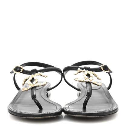 Chanel Calfskin Pearl Crystal CC Charm Thong Sandals 36.5 Black 3 of 11