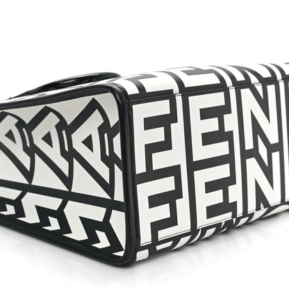 Fendi X MARC JACOBS Vitello King Logo Print Medium Fendi Sunshine Shopper Tote Black White 9 of 10