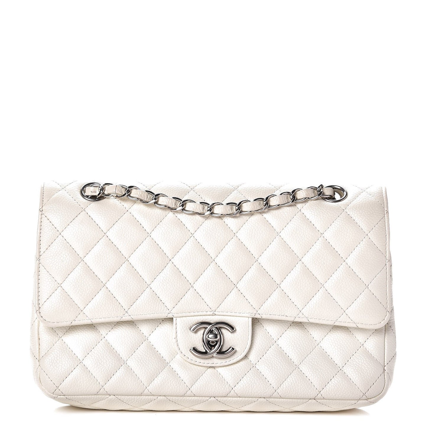 Washed Caviar Quilted Medium Double Flap White