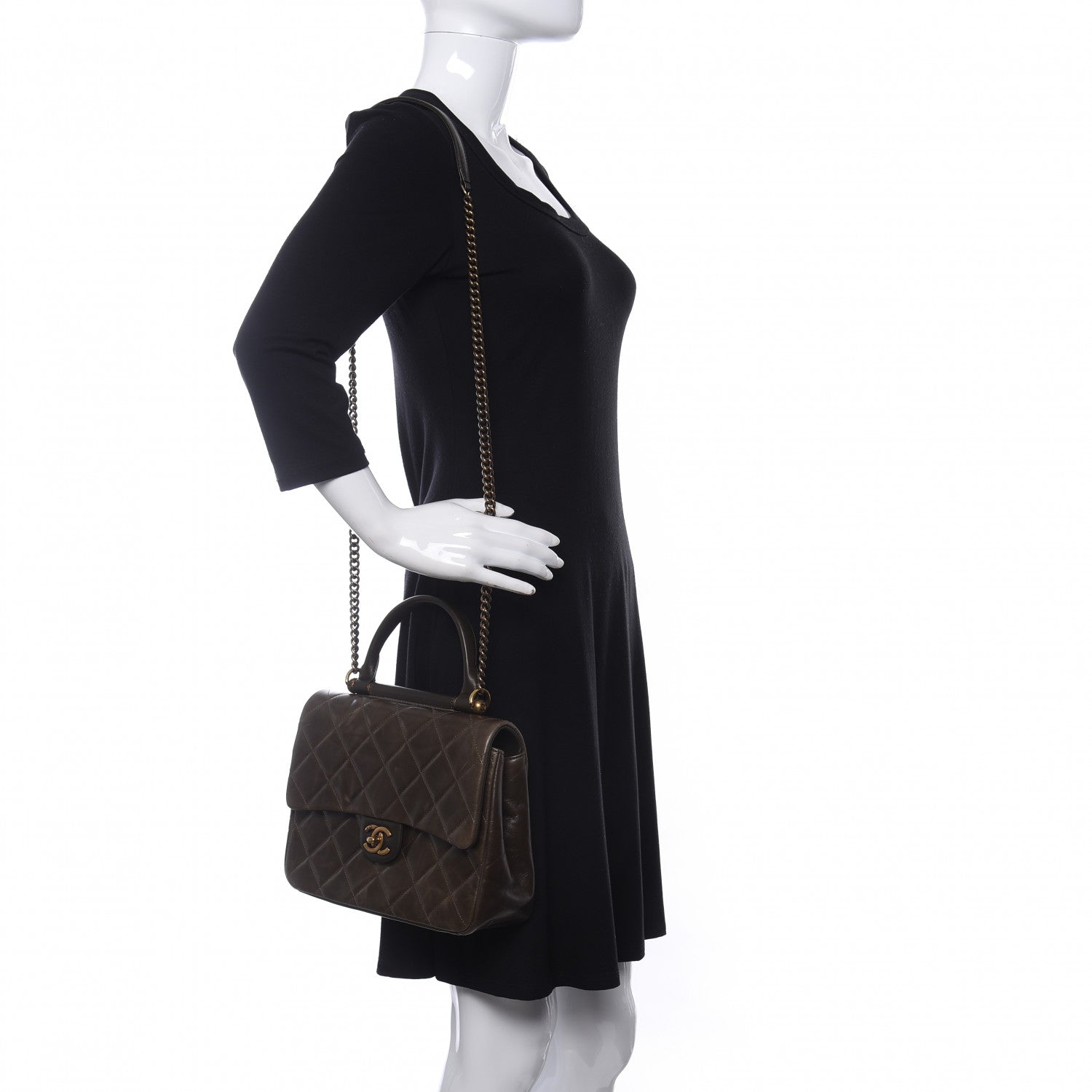 Chanel Calfskin Quilted Medium Gold Bar Top Handle Flap Dark Khaki 2 of 10