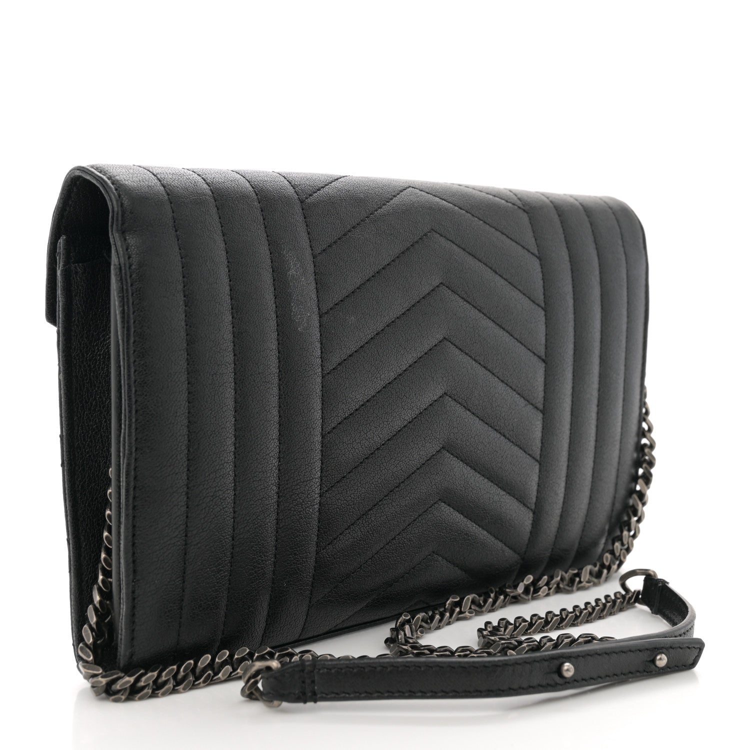 Saint Laurent Sheepskin Tri-Quilt Monogram Envelope Chain Wallet Black 3 of 12