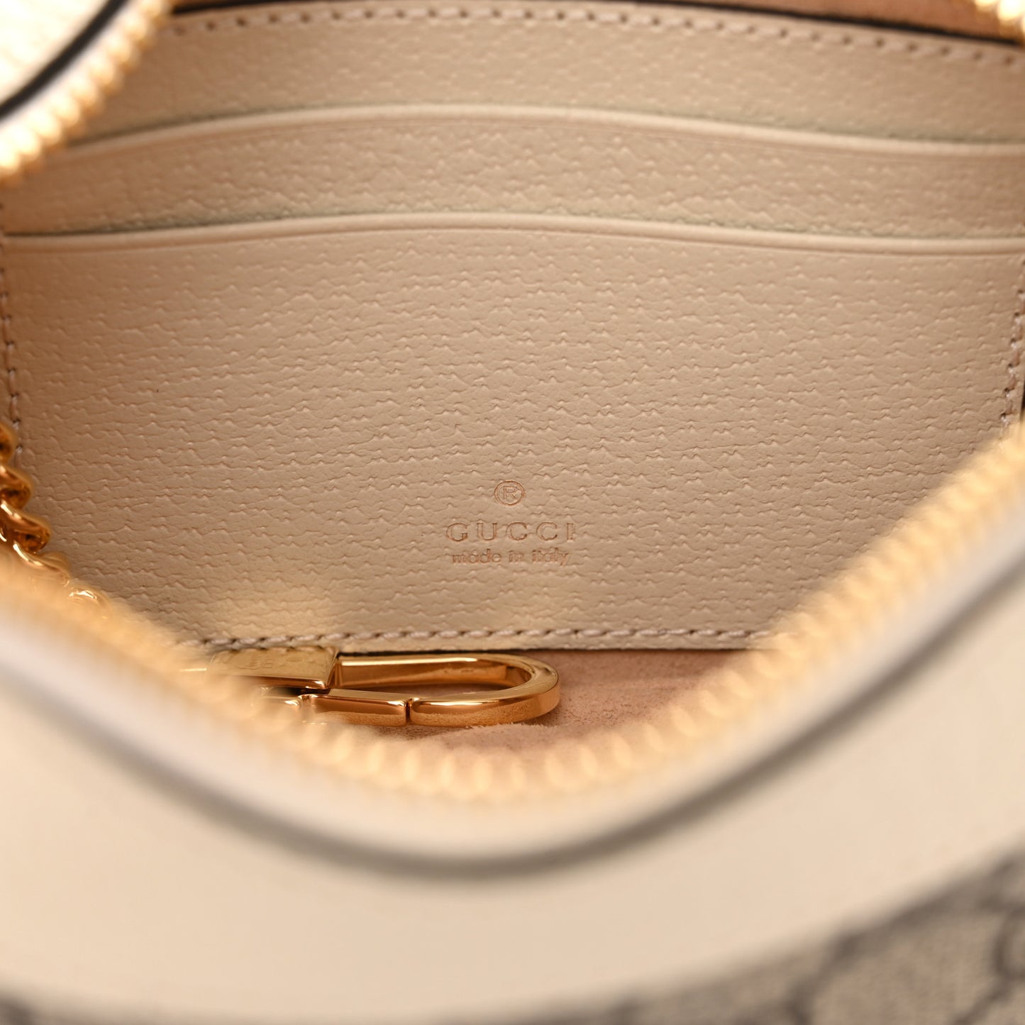 GG Supreme Monogram Textured Dollar Calfskin Web Mini Ophidia Half Moon Hobo Beige Ebony Mystic White