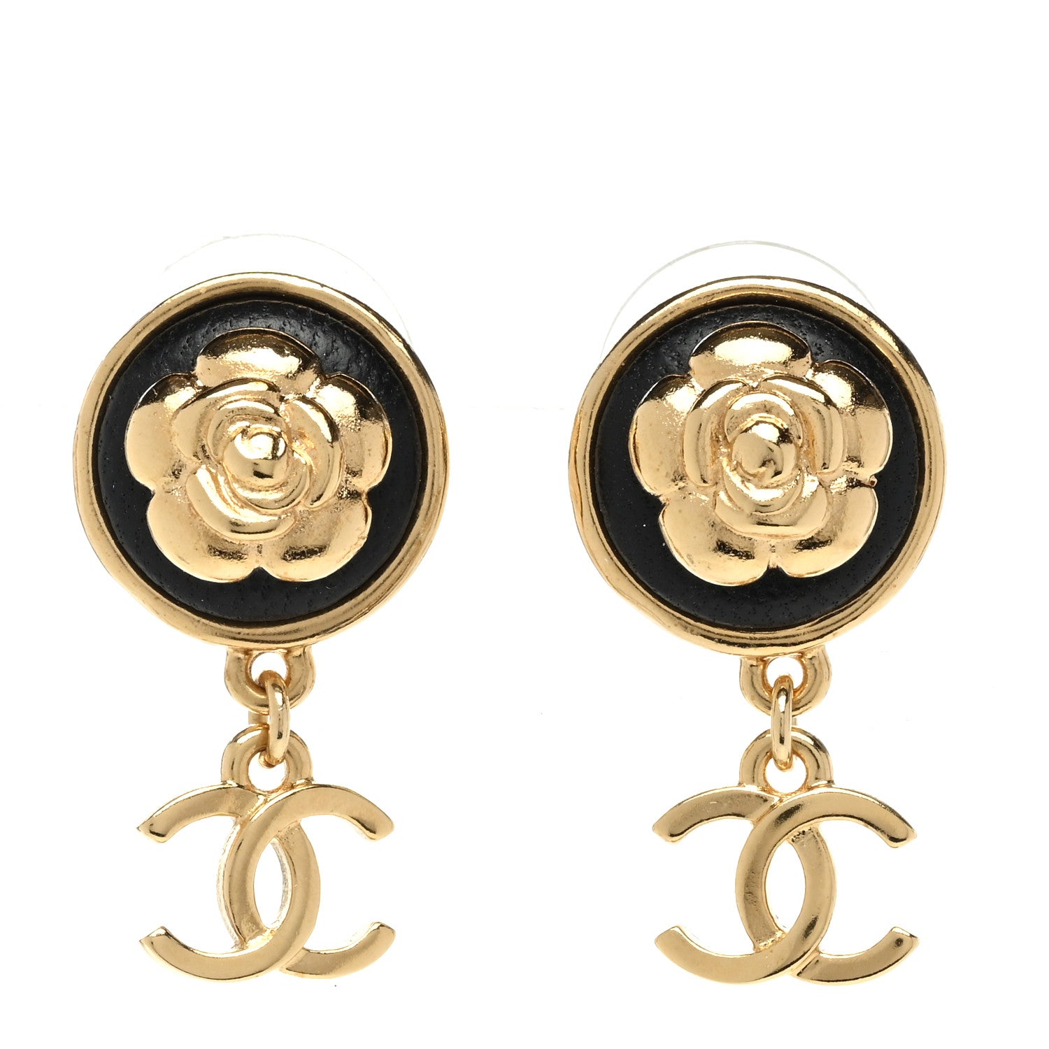 Chanel Metal Lambskin Camellia CC Drop Earrings Gold Black 1 of 5