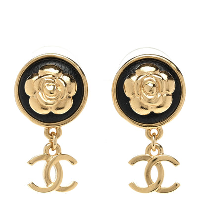 Chanel Metal Lambskin Camellia CC Drop Earrings Gold Black 1 of 5