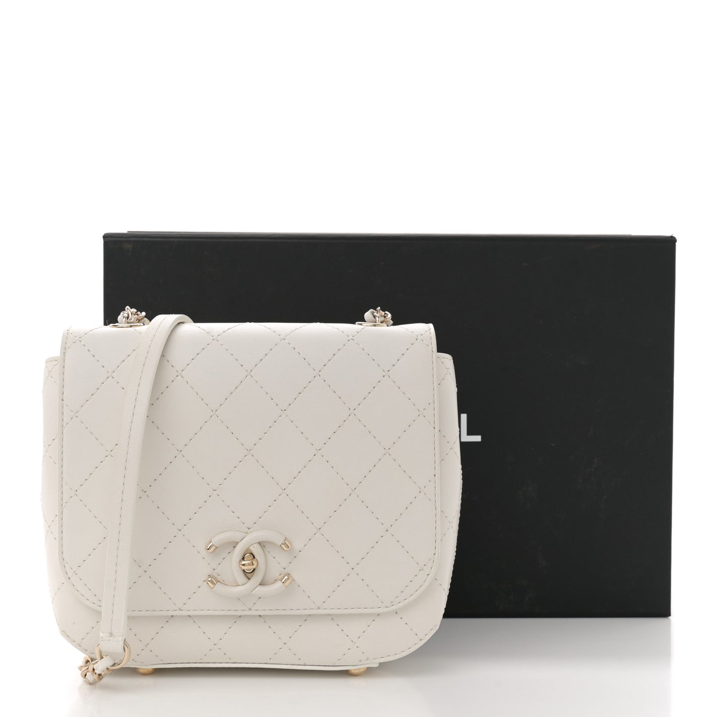 Calfskin Stitched Small Covered CC Flap Bag White
