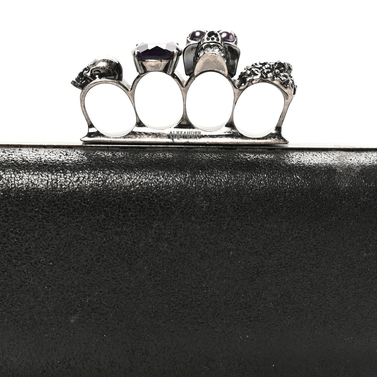 Metallic Lambskin Skull Knuckle Box Clutch Black