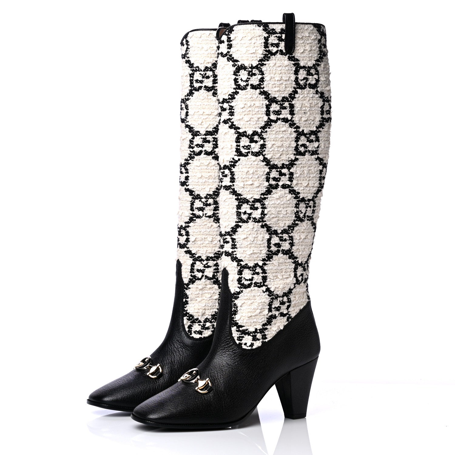 Gucci Tweed GG Monogram Wrinkled Kid Zumi Knee Boots 38 Natural Black 3 of 6