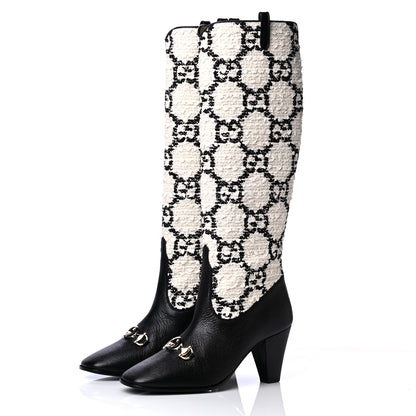 Gucci Tweed GG Monogram Wrinkled Kid Zumi Knee Boots 38 Natural Black 3 of 6