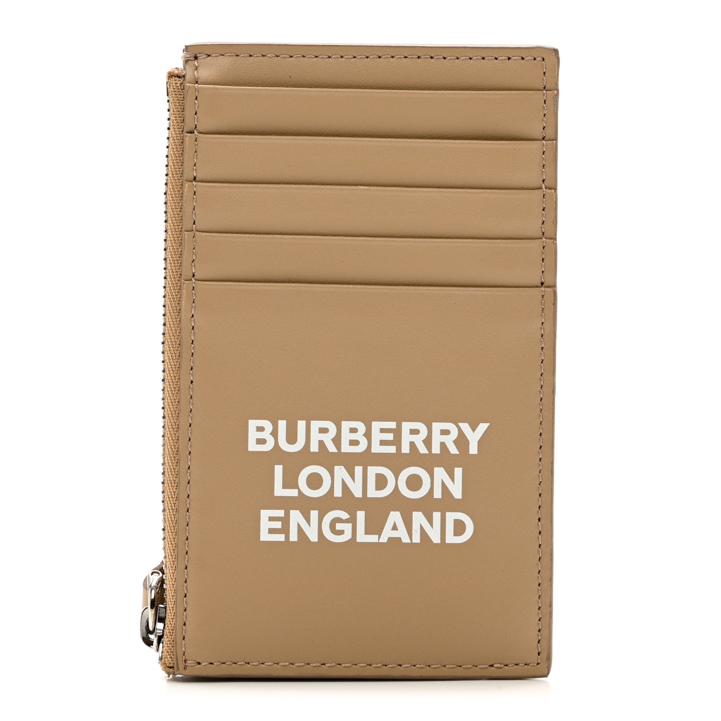 Calfskin London England Print Logo Card Holder Beige