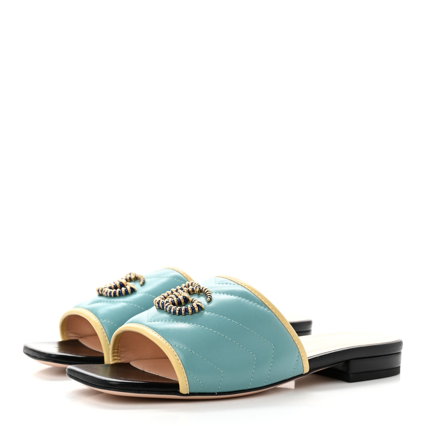 Malaga Kid Matelasse Enamel GG Marmont Flat Slide Sandals 35.5 35.5 Dusty Azure Burro