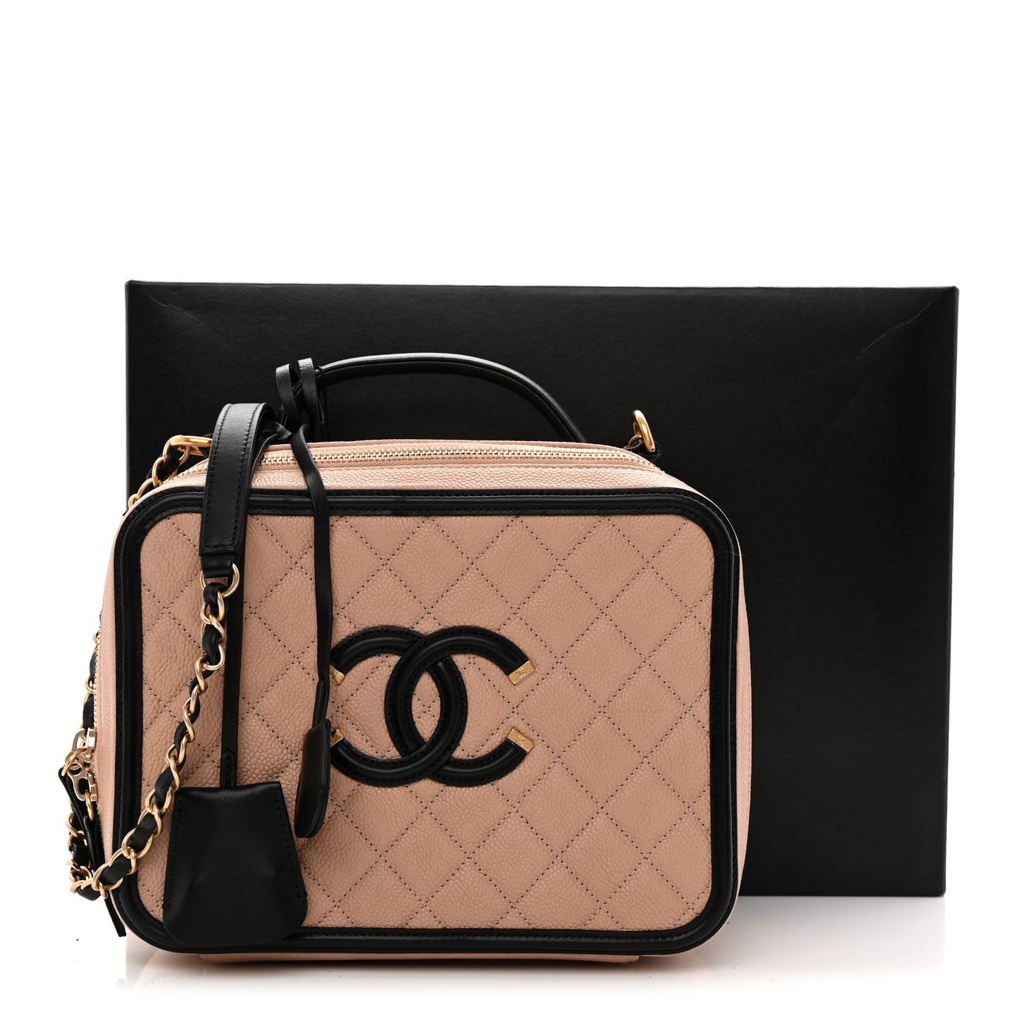 Caviar Quilted Large CC Filigree Vanity Case Beige Black