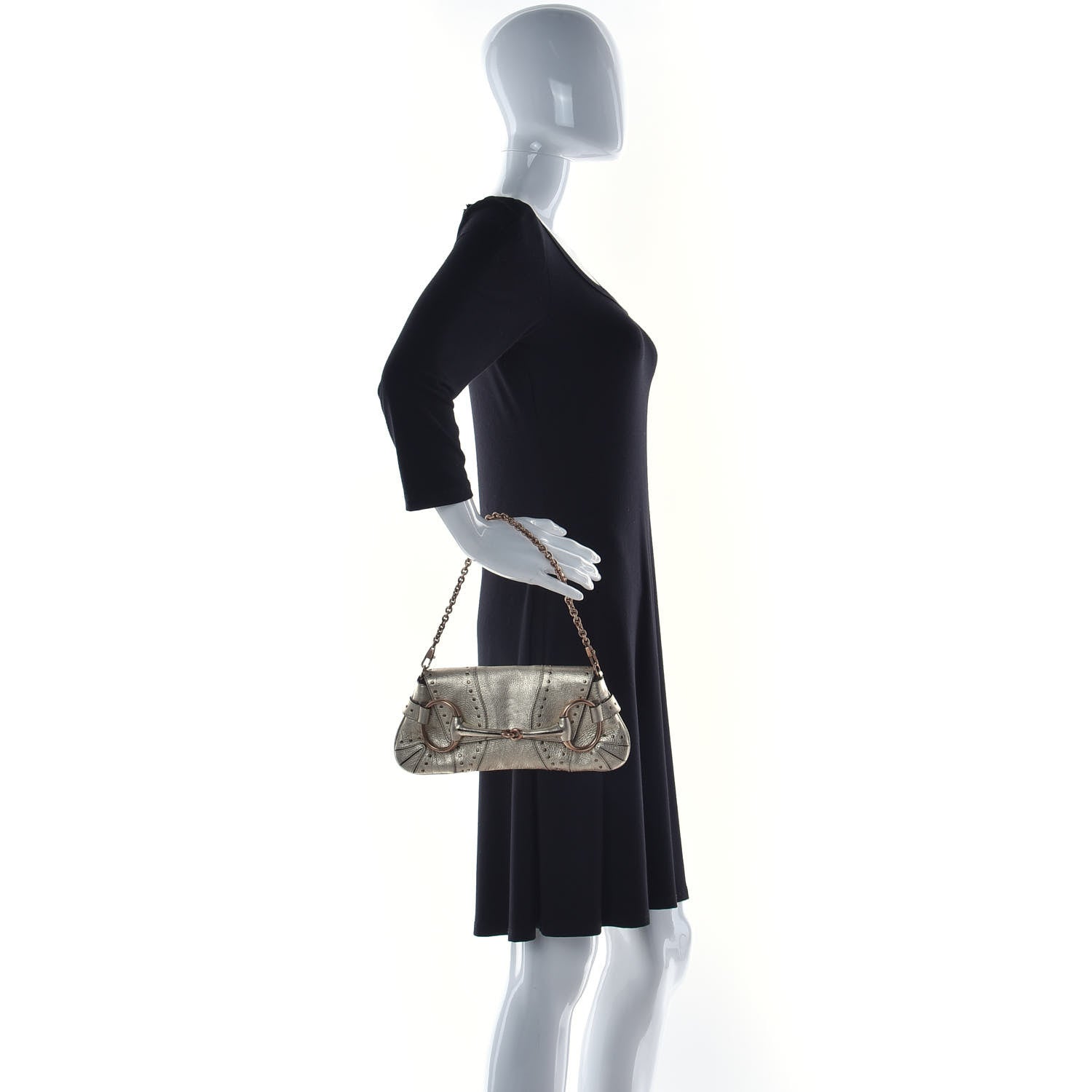 Gucci Metallic Calfskin Studded Horsebit Clutch Bag Gold 2 of 17