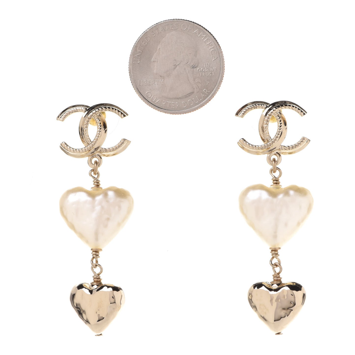 Pearl CC Double Heart Drop Earrings Gold