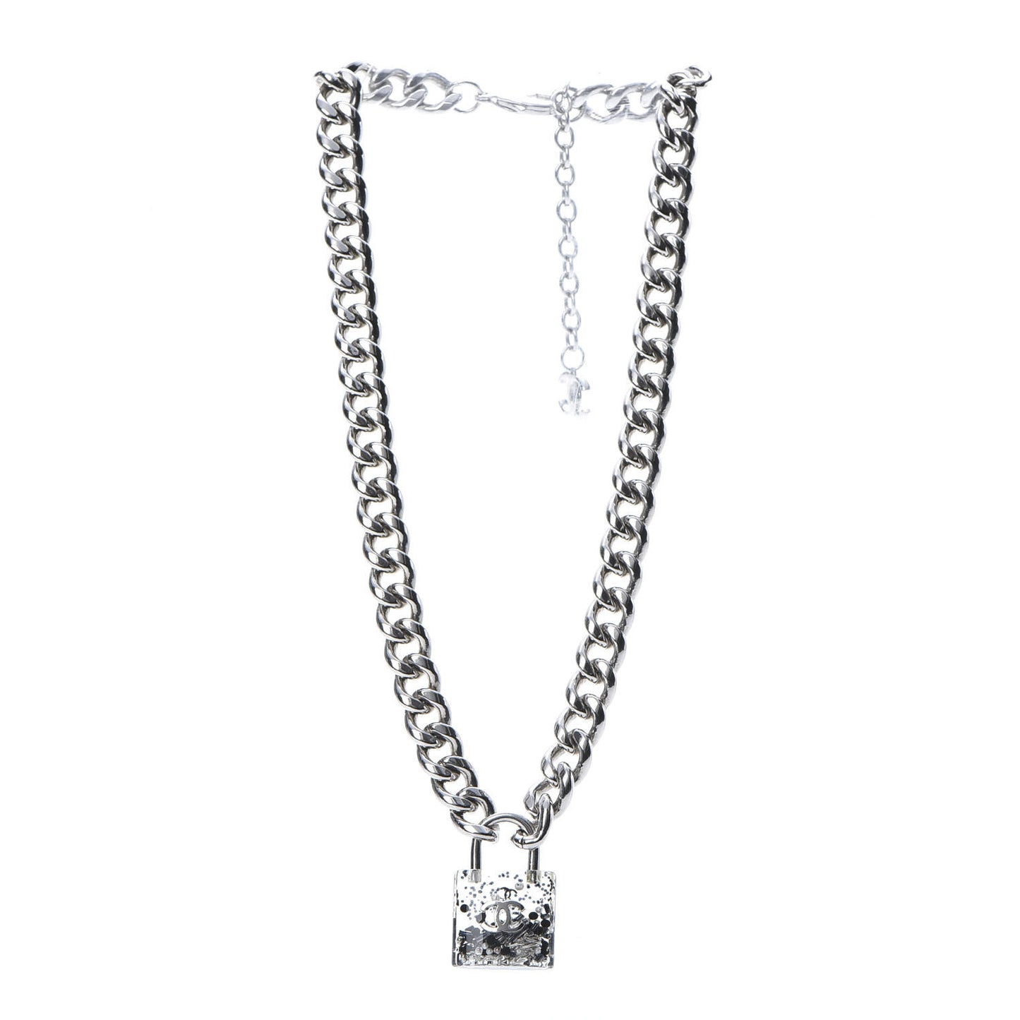 Resin CC Oversized Padlock Chain Necklace Silver Pearly White