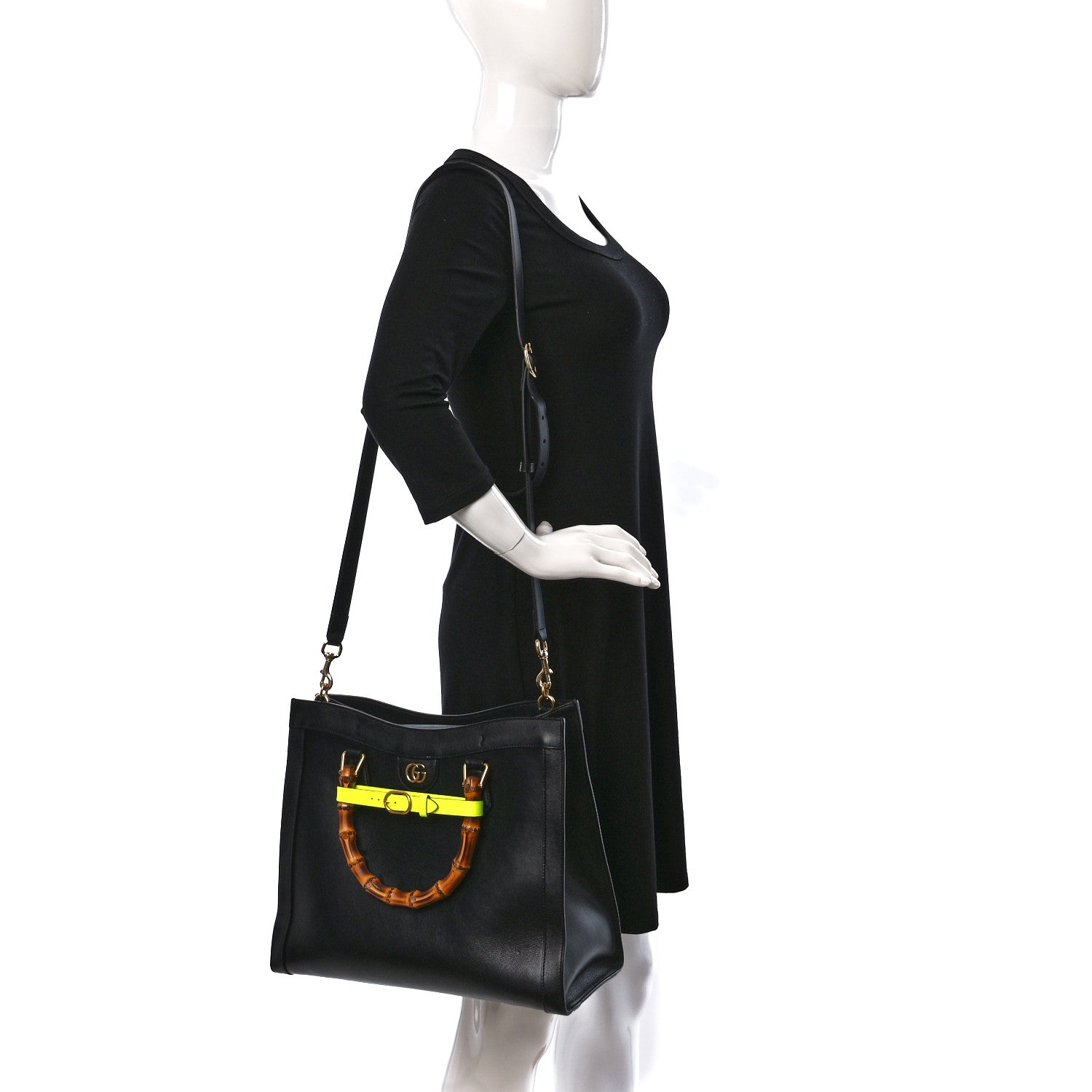 Gucci Wonka Grain Calfskin Medium Diana Tote Bag Black Yellow Fluo 2 of 10