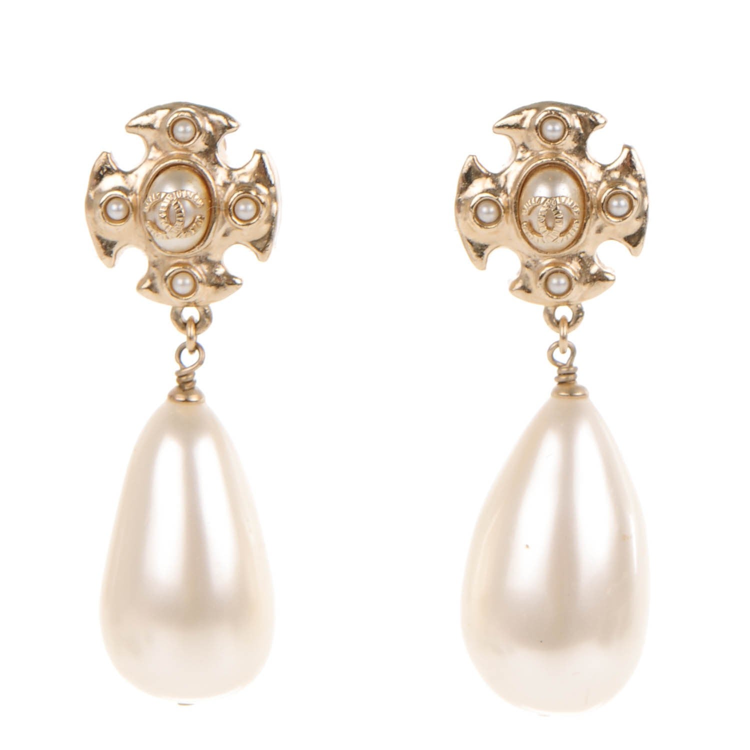 Chanel Pearl Drop CC Clip On Earrings Gold 1 of 6