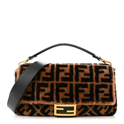 Fendi Shearling Vitello Dolce Macro FF 1974 Large Baguette Tobacco Black 1 of 10