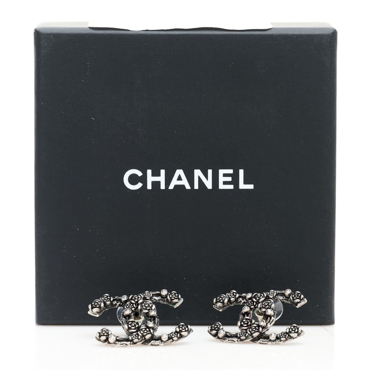 Chanel Crystal CC Camellia Earrings Ruthenium 5 of 5