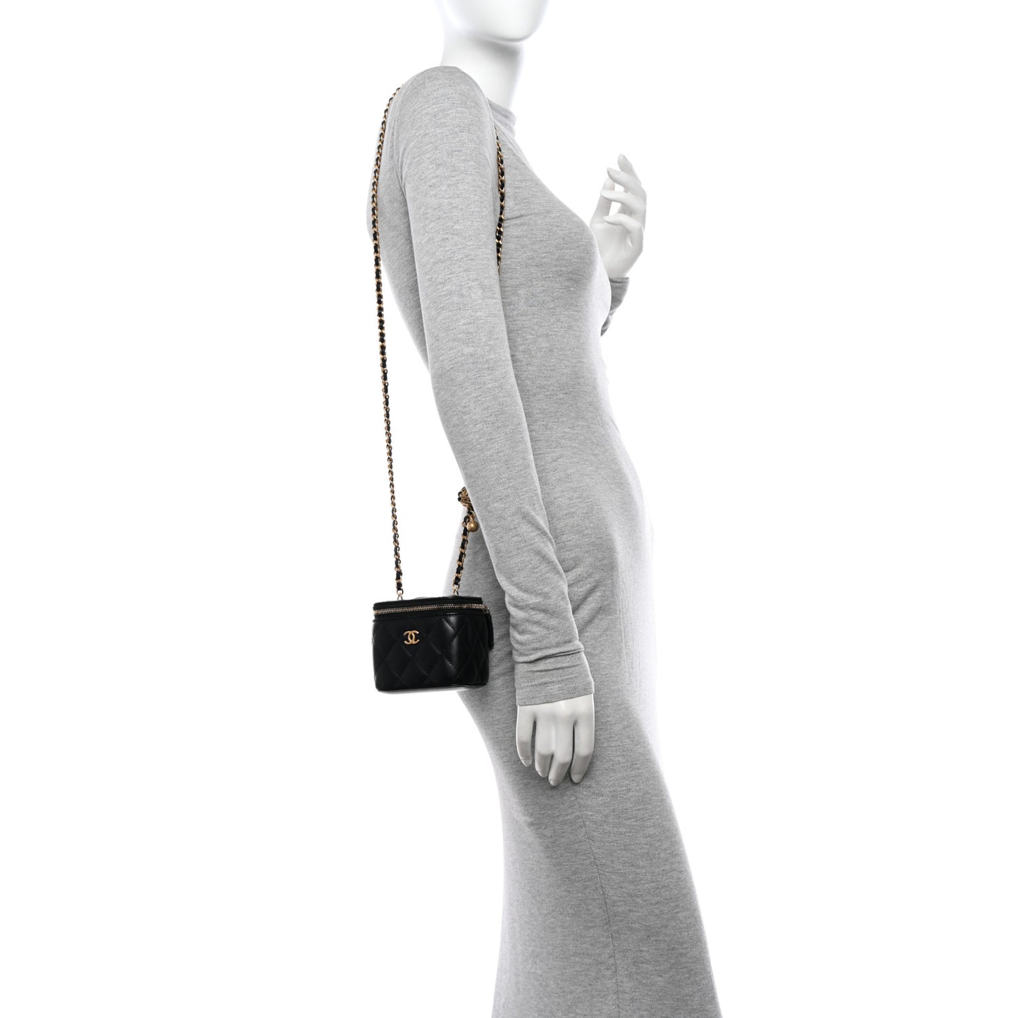 Lambskin Quilted Mini Pearl Crush Vanity Case With Chain Black