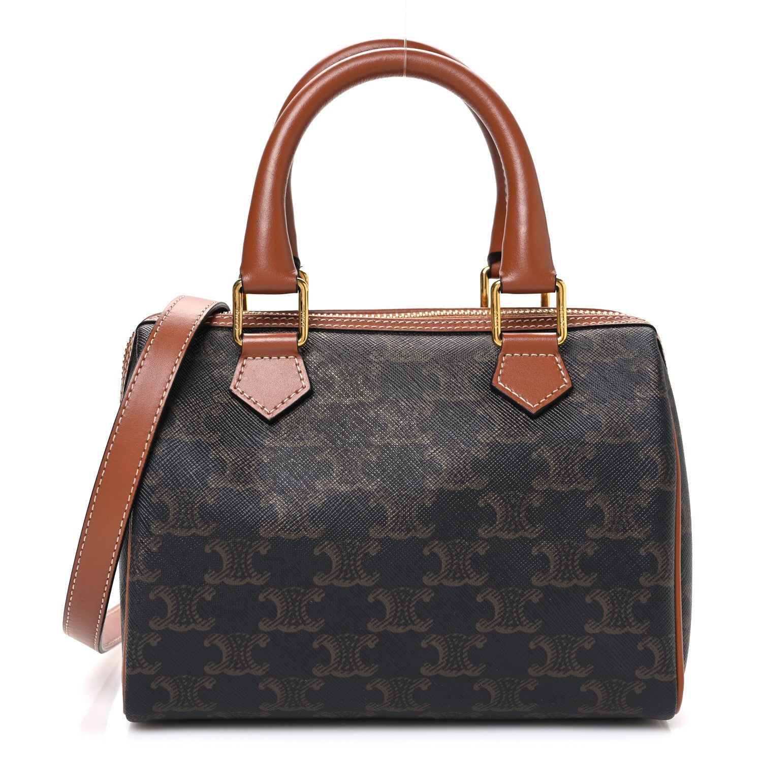 Celine Triomphe Canvas Calfskin Small Boston Bag Tan 1 of 11
