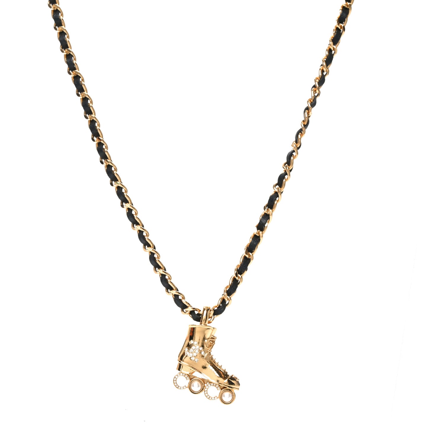 Metal Lambskin Crystal Pearl CC Rollerskate Necklace Gold Black